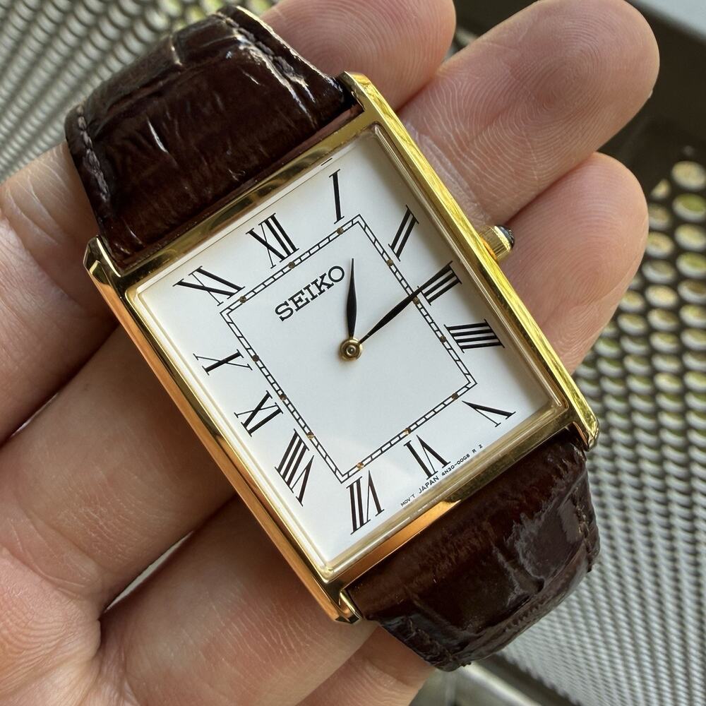 Seiko Tank Watch White Roman Numeral Dial Brown Leather Band 4N30-00G0 Mens 28mm